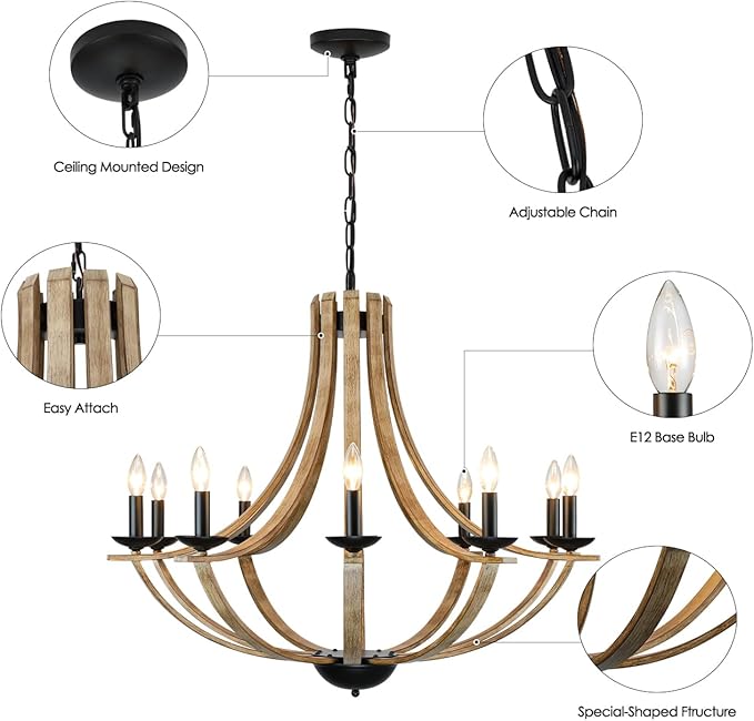 Farmhouse Chandeliers for Dining Room Light Fixture, 10-Light 35" Adjustable Height Retro Faux Wood Texture Rustic Light Fixtures for Living Room Bedroom Kitchen Island Foyer Entryway