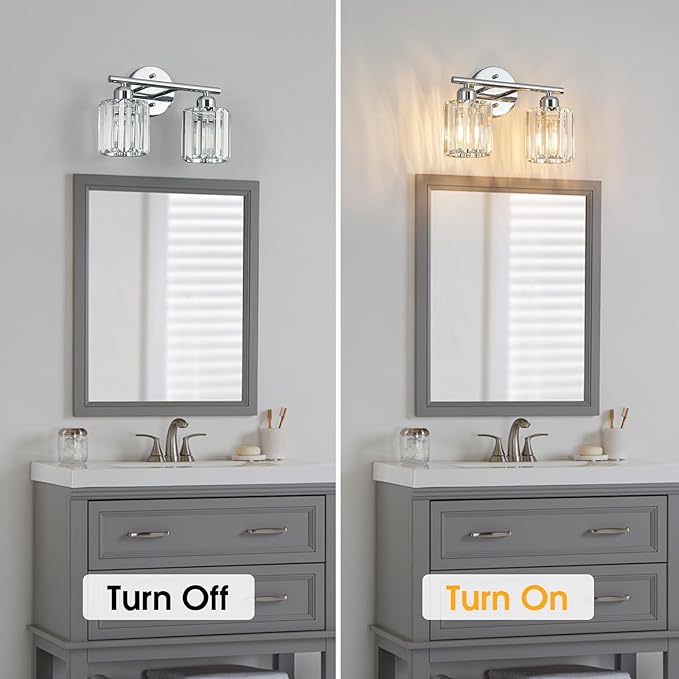 Modern 2 Light Crystal Vanity Light, Chrome Vertical Bathroom Light Fixture Over Mirror for Dressing Table Sink, Compatible with Dimmable Bulbs (Bulbs Not Included)
