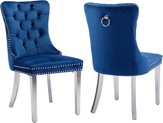 Luxury Upholstered Dining Chairs Set of 2, Blue Kitchen Chair with Silver Metal Legs, Velvet Tufted Back Dining Chair, Sillas de Comedor, Modern Kitchen & Dining Room Chairs (Blue, 2 Pcs)