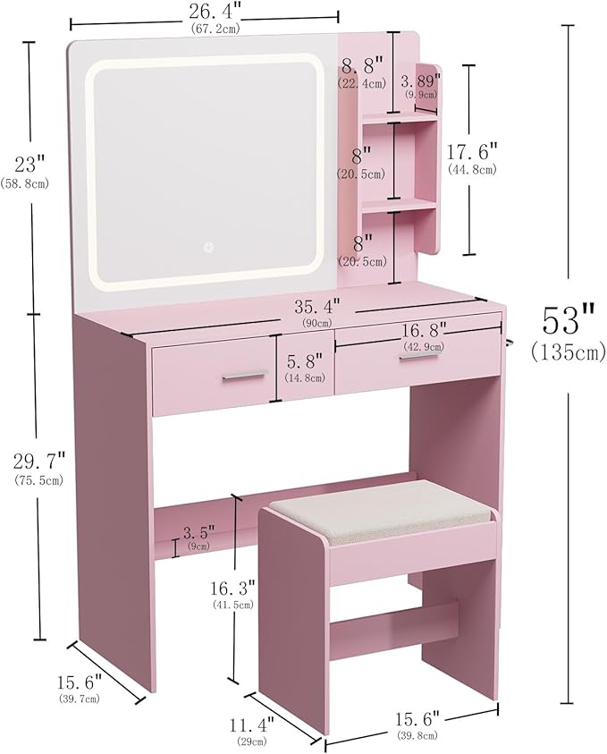 Makeup Vanity with Lighted Mirror & Electrical Outlet - 2 Shelves, 2 Drawers, Bottom Storage - Comes with Upholstered Stool （Pink）