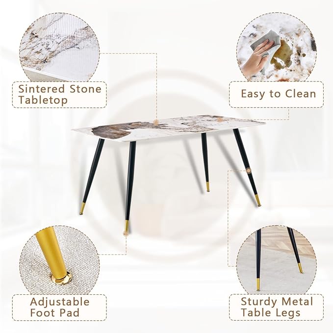 Modern Dining Table Set for 4, 62'' Sintered Stone Table, 4 Chairs, Easy to Assemble