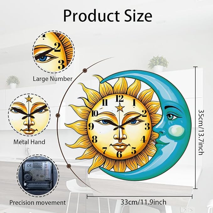 CHGCRAFT Sun and Moon Pattern Wall Clock 14.9 Inch Star Wood Grain Non-Ticking Irregular Shape Clocks Wall Hanging Clock Battery Operated for Bedroom Living Room Kitchen Office