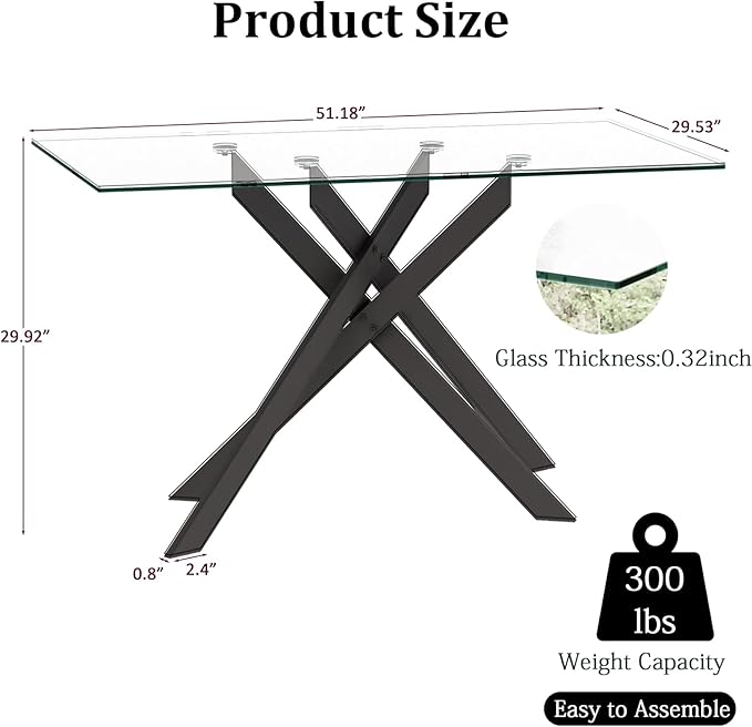 51.2" Glass Dining Table, Modern Kitchen Table for 4-6 People, Contemporary Rectangular Dining Room Dinner Tables with Clear Glass Top & Black Metal X Legs for Kitchen Apartment
