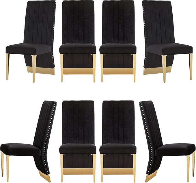 AUZ Black and Gold Dining Chairs Set of 8, Black Velvet Upholstered Dining Room Chairs with Nailhead Trim, Modern High Back Dining Chairs with Gold Legs