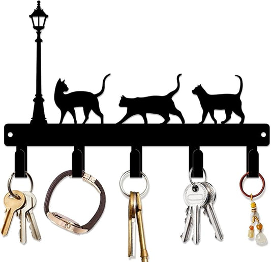 magilab Cat-Themed 10-Inch Iron Key Hooks with 5 Hooks, Black Wall Organizer - Cute Cat Design for Home Decor, No Drill & Screw-in Options (Style G)