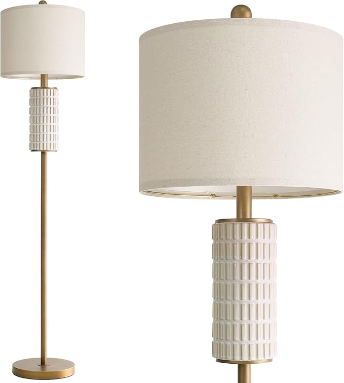 PoKat Antique Gold Ceramic Floor Lamp for Living Room Bedroom, 64" Modern Tall Standing Lamp with Rotary Switch, Traditional Living Room Lamp for Corner, Home Office, Nursery, Warm Gold