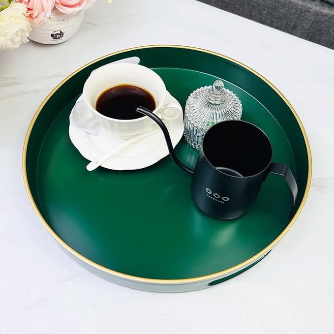 Green Round Serving Tray, Decorative Serving Trays with Handles, Coffee Table Tray Living Room, Plastic Tray for Ottoman.13
