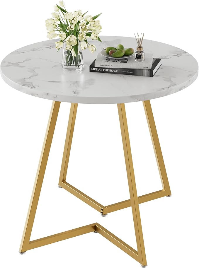 VECELO Round Dining Room Table with Wood Grain Tabletop and Steel Frame, for Kitchen, Living Room, Office, Conference, 2 to 4 Person, White & Gold