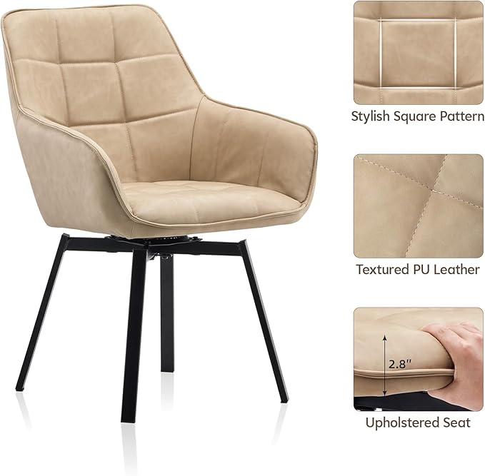 TUKAILAi Swivel Dining Chairs Set of 4, Faux Leather Upholstered Mid Century Accent Chairs with Arm Metal Legs, Rotatable Kitchen Chair for Kitchen Home Restaurant Furniture (Cream)