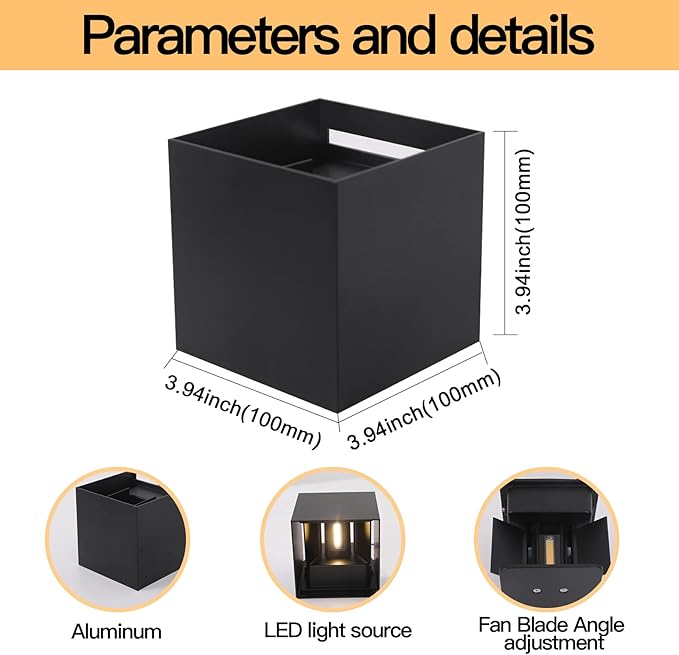 2 Pack LED Outdoor Wall Lights Exterior/Interior, Up and Down Lights IP65 Waterproof Wall Sconces, Square Aluminum Outdoor Wall Lighting Fixtures, Modern Black 12W 6500K Cold Lights