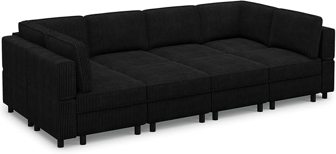 114.2" 8 Seat Modular Sectional Sofa with Deep Storage Seat, Comfy Corduroy Sectional Couch Convertible Modular Sleeper Sofa Couch with Movable Ottoman Chaise, Black