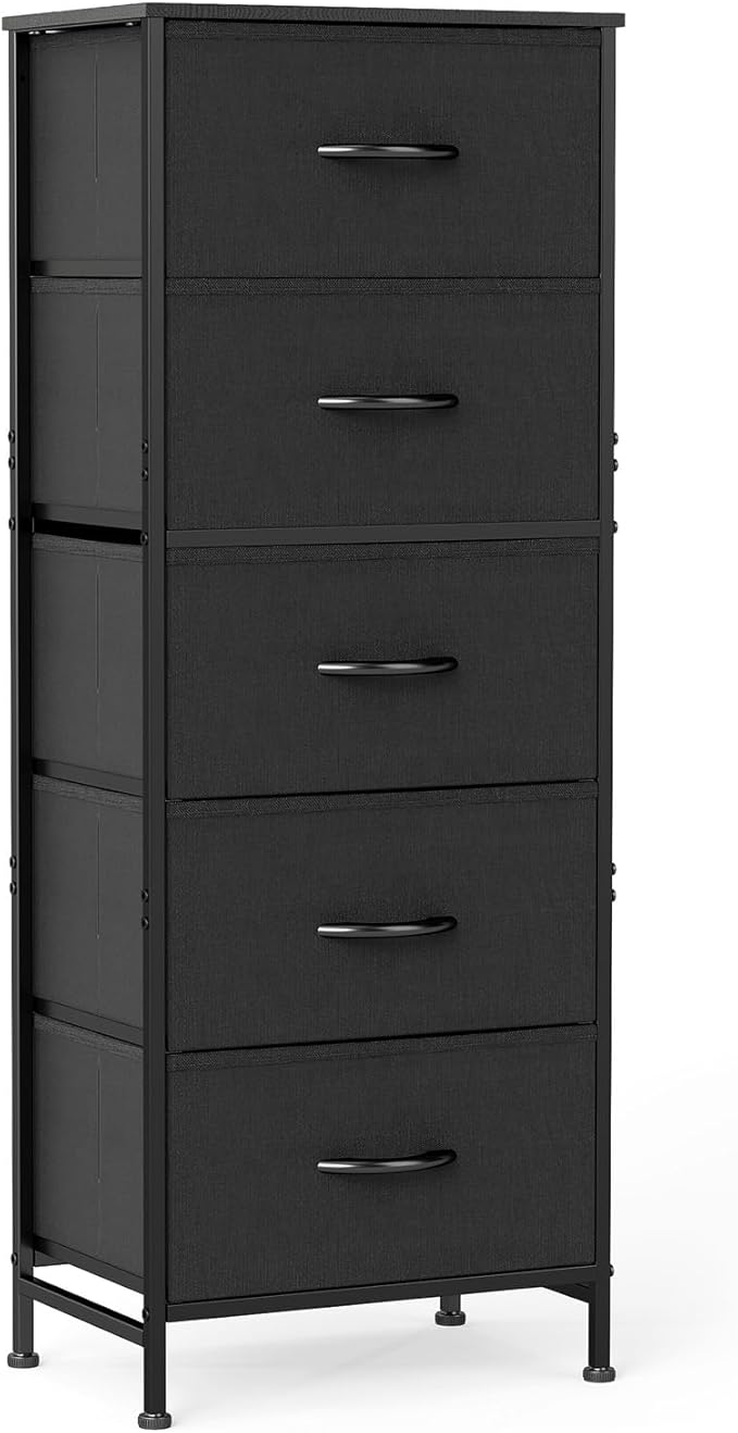 DUMOS Nightstand with 5 Drawers Bedside Table with Removable Fabric Bins Sturdy Steel Frame Wood Top Organizer Furniture for Bedroom Closet Living Room, Black