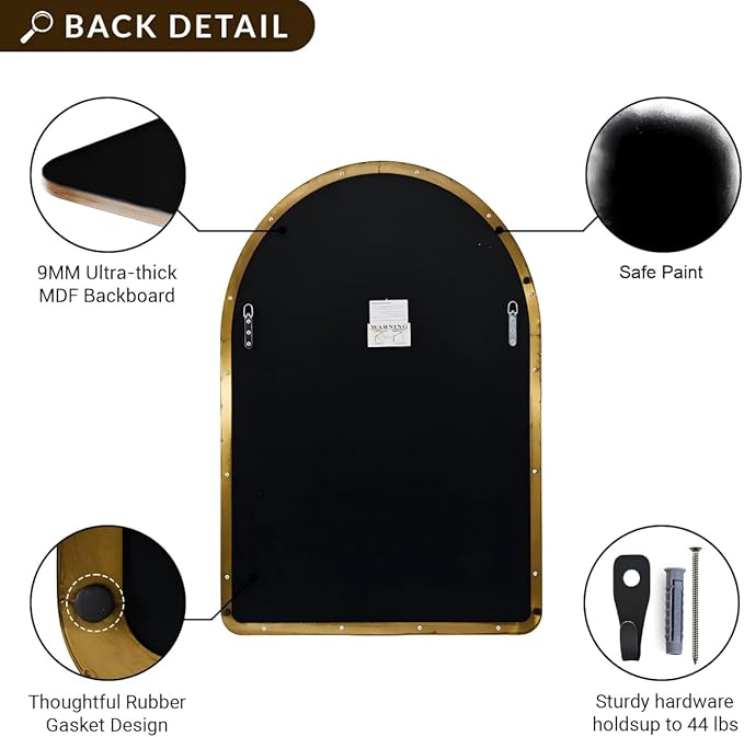 ANDY STAR Arched Mirror, 24 x 38 Inch Gold Vanity Mirror in Stainless Steel Metal Frame, Arch Top Rounded Corner 1 Inch Deep Set Design Wall Mount Hangs Vertical