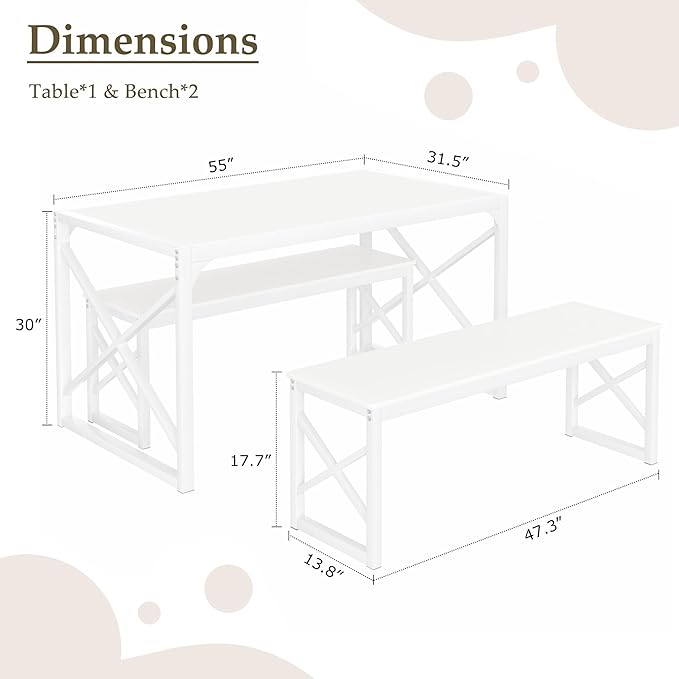 VECELO Kitchen Dining Table Benches Set for 4, 55" Wooden Dinette with 2 Benches, Heavy-Duty Dining Room Table for Small Space, Breakfast Nook, White