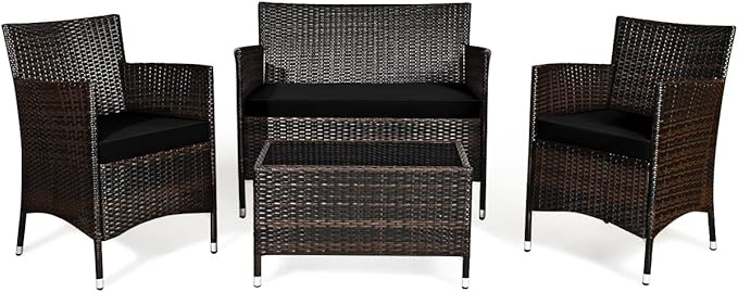 Tangkula 4 Pieces Patio Rattan Conversation Set, Outdoor Wicker Furniture with Tempered Glass Coffee Table & Thick Cushion, Rattan Chair Wicker Set for Garden, Lawn, Poolside and Backyard (1, Black)