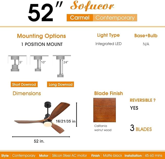 Sofucor 52 Inch Ceiling Fan with Lights and Remote, Low Profile Flush Mount Modern Wood Ceiling Fan for Indoor Bedroom Living Room Farmhouse Outdoor Patio Porch, Reversible DC Motor, Brown