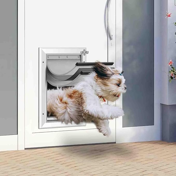 [Petoasis] Heavy Duty Aluminum Dog Door with Lock,3 Flap Insulated Doggie Doors with Installation Manual,Durable and Rust Resistant, Patent: USD1057087S, (Silvery White, Meduim for Wall)
