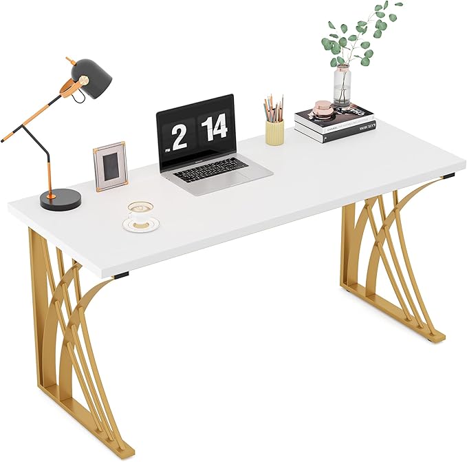 LITTLE TREE 55’’ Large Modern Computer Desk, White & Gold Luxury Laptop PC Student Table, Makeup Vanity Table with Thick Frame & Strong Legs, Sturdy Writing Workstation for Home & Office