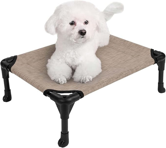 Veehoo Outdoor Elevated Dog Cot Bed, Cooling Raised Pet Bed for Small Dogs, Washable Breathable Mesh Hammock Bed with No-Slip Feet, Indestructible Ground Off Training Platform Cot-22"x17" Beige Coffee