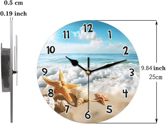 Ocean Sea Beach Starfish Seashell Wall Clock Battery Operated 10 in Round Wall Clocks Slilent Non Ticking Quartz Analog Clock for Bedroom Kids Living Room Classroom Decor