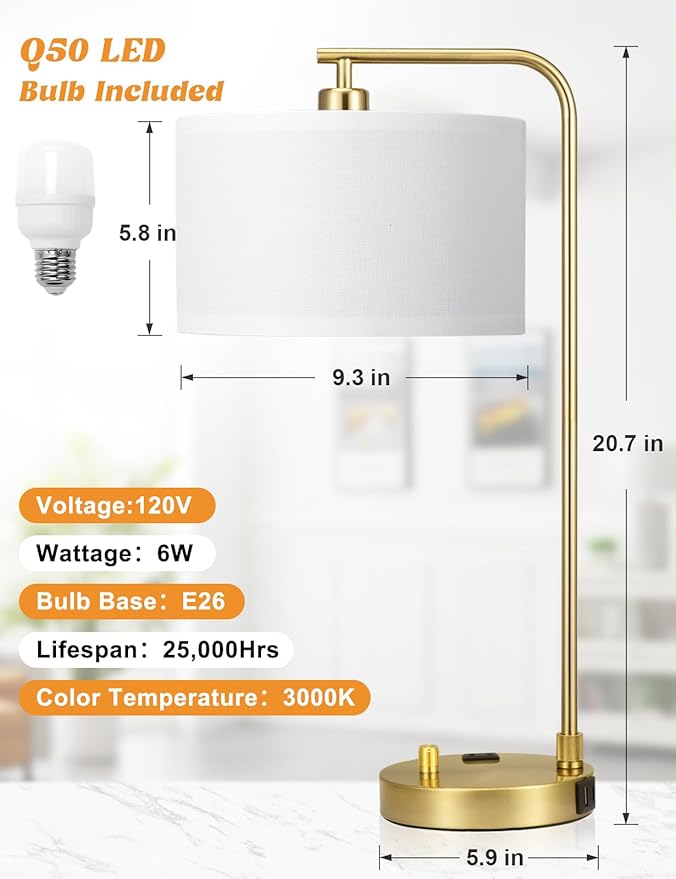 Innqoo Gold Table Lamp with USB Port and Outlet, Dimmable Nightstand Bedside Lamps with Linen Lampshade, Desk Lamp for Bedroom, Living Room, Guest Room, Home Office, LED Bulb Included