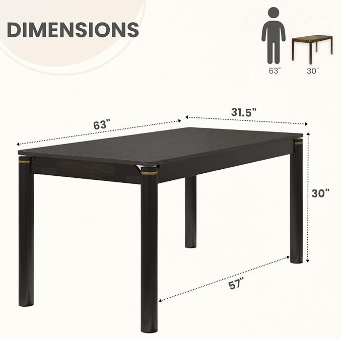 63" Dining Table for 4-6 People, Modern Farmhouse Rectangular Kitchen Table with Solid Wood Legs & Gold Trim, Large Long Dining Room Table for Living Room, Black (Table Only)