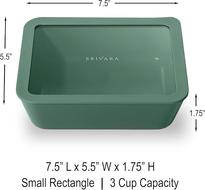 Ceramic Coated Glass Food Storage Container | No PTFE, PFOA, PFAS, and BPA | Reusable Non Toxic Meal Prep Container with Glass Lid | Easy To Store | 3 Cup Rectangle [Pine]