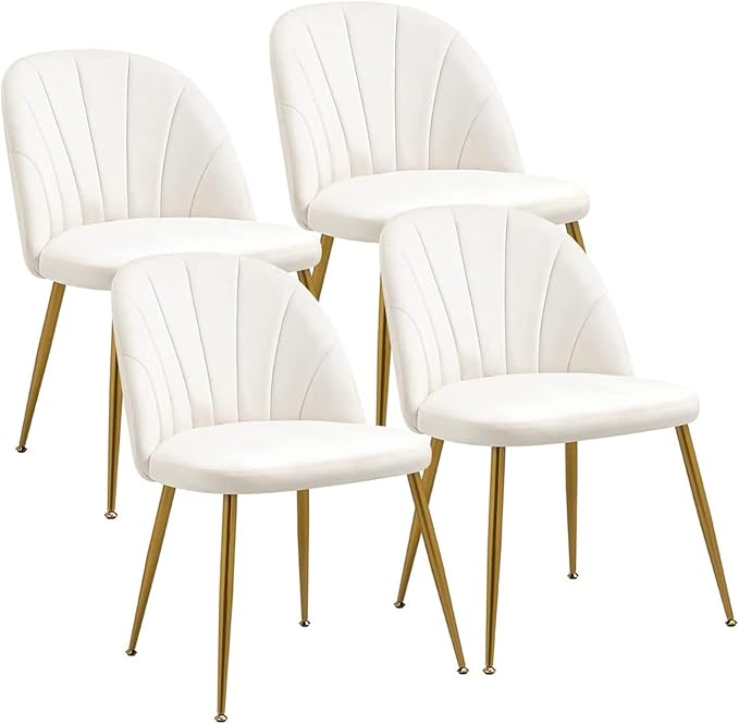 Velvet Dining Chairs Set of 4, Mid-Century Modern Upholstered Kitchen Chair with Metal Gold Legs for Living Room, Dining Room, White