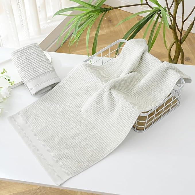 YiLUOMO White Hand Towel Set of 2 Soft Ribbed Striped Pattern 100% Cotton Absorbent Decorative Towel for Bathroom 13 x 29 Inch