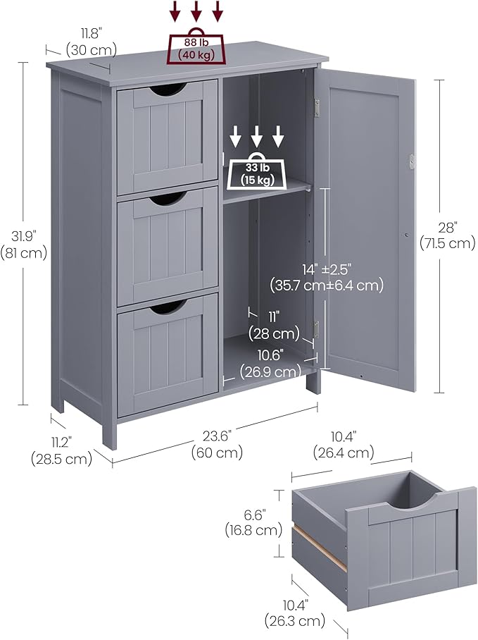 VASAGLE Floor Storage Cabinet, Freestanding Storage Unit with 3 Drawers, 1 Adjustable Shelf, for Bathroom Living Room Dining Kitchen, 11.8 x 23.6 x 31.5 Inches, Dove Gray UBBC049G02