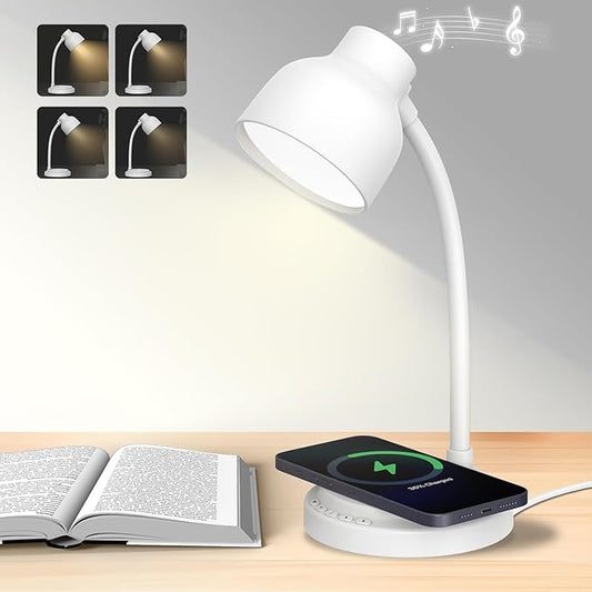 LED Desk Lamp for Office Home,Table lamp with Bluetooth Speaker&15W Wireless Charger,Desk Lamp for College Dorm Room,4 Brightness,Dimmable Table Lamp Eye Caring Reading Light(White)
