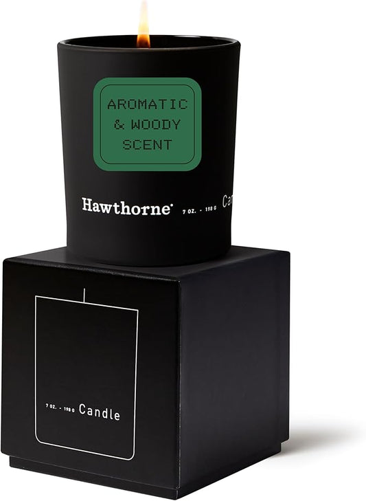 Hawthorne Aromatic & Woody Cologne-Scented Candle. Notes of Fresh Pine, Woody Vetiver, Sweet Musk, and Sandalwood. Soy Blend Wax. 7 Oz. About 50 Hours of Burn Time.