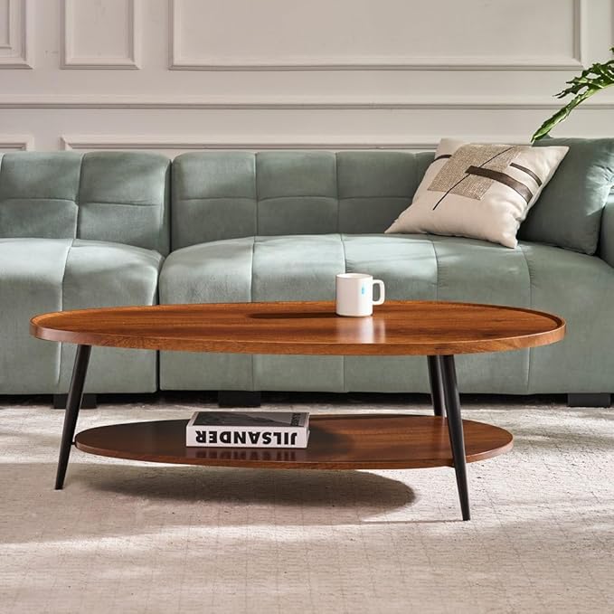 AGV Oval Coffee Table with Storage Shelf, 47" Mid Century Modern Coffee Table for Living Room, Walnut Wood Finish MDF Top with Black Metal Legs