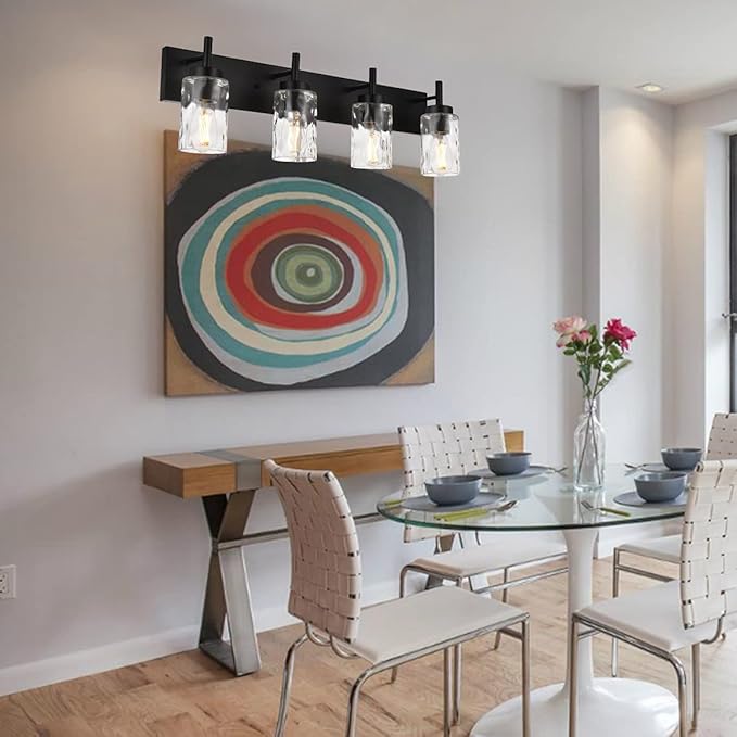 BONLICHT 4 Light Wall Vanity Bathroom Lights with Clear Hammered Glass in Black Finish,Modern Farmhouse Sconces Wall Lighting Fixtures Over Bath Makeup Mirror Industrial Wall lamp for Kitchen Hallway