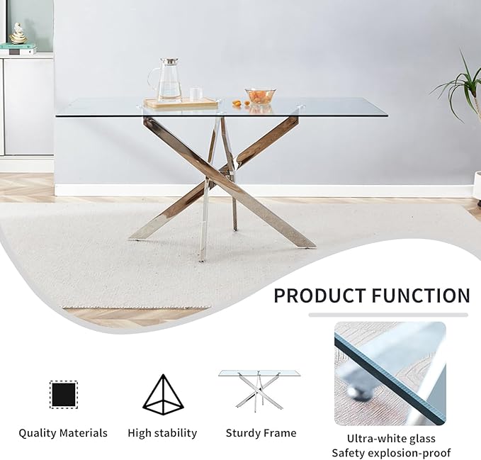 Goujxcy 51" Glass Dining Table Set for 6, Modern Kitchen Table and Chairs Set w/Steel Legs, 7-Piece Dining Table Set w/Glass Silver Dining Table and 6 Blue Velvet Chairs for Kitchen Dining Room