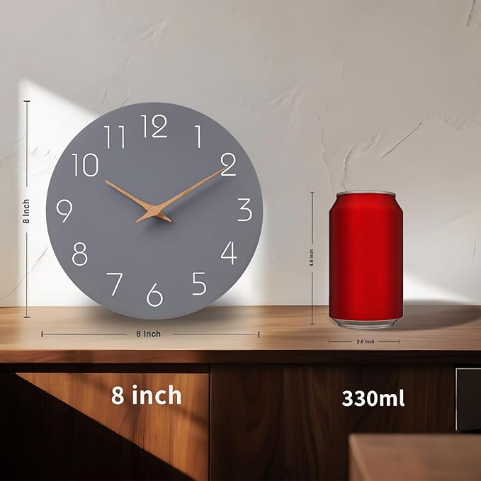 Mosewa Wall Clock 8 Inch Gray Battery Operated Silent Non Ticking Simple Modern Wood Clock Decorative for Bedroom Living Room Kitchen Home Bathroom Office