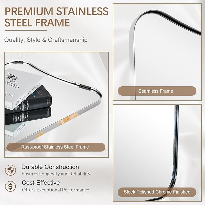 ANDY STAR Chrome Bathroom Mirror 24x36, Bathroom Mirror for Over Sink, Polished Chrome Wall Mirror with Unique Curved Design, Rust-Proof Stainless Steel 1’’ Frame