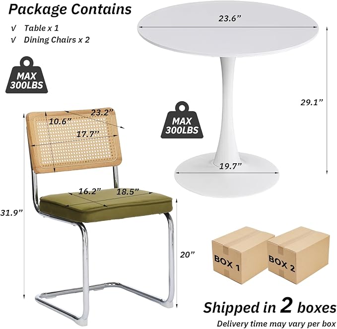 SoarFlash Kitchen Table and Chairs for 2, 24" Dining Table Set for 2 with Velvet Upholstered Chairs, 3 Piece Round Kitchen Table Set, Dining Room Table Set for Small Space, Apartment
