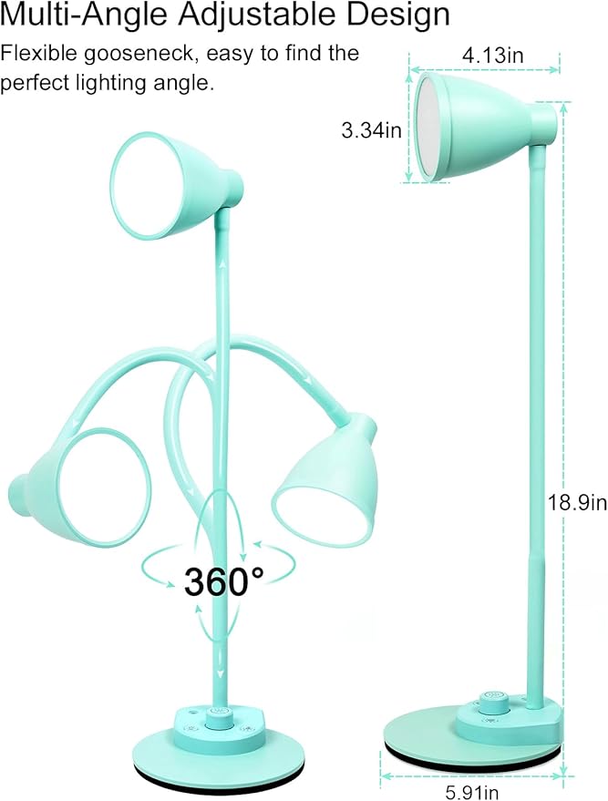 BOHON LED Desk Lamp with USB Charging Port, 3 Color Modes Fully Dimmable Reading Lamp, Auto Dimming Task Lamp, Flexible Neck Table Light for Office Dorm Bedside, Adapter Include, Teal