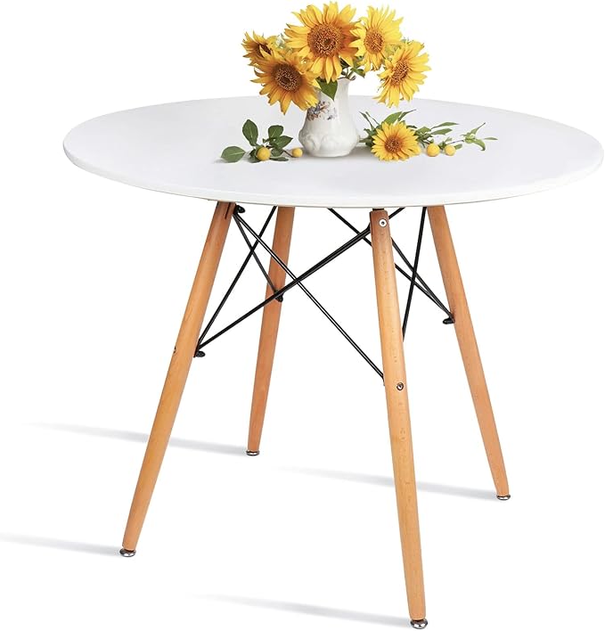 31.5 Inch Small Round Dining Table for 4 People Kitchen Home Modern Leisure Wood Legs Table White