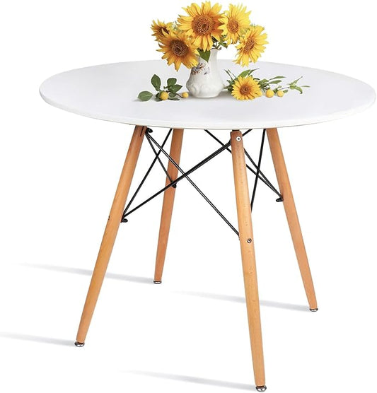 31.5 Inch Small Round Dining Table for 4 People Kitchen Home Modern Leisure Wood Legs Table White