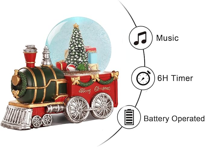 Json Lighted Musical Christmas Train Snow Globe Lantern with Christmas Trees, Battery Operated Water Glittering Lantern with Music and 6H Timer Christmas Table Centerpiece Decoration and Gift