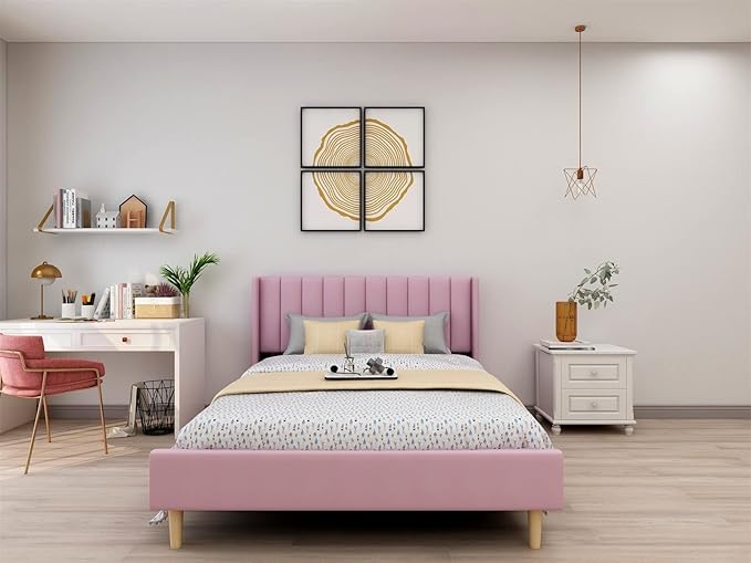 Low Profile Upholstered Platform Bed,Full Beds with Pink(Velvet)
