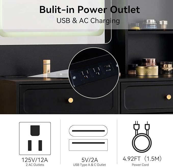 Merax 58" Large Vanity Desk with Mirror and Lights, Modern Black Makeup Vanity Set with Stool and Power Outlet, Retractable Dressing Table with Drawers and Side Cabinet for Bedroom, 3 Color Mode