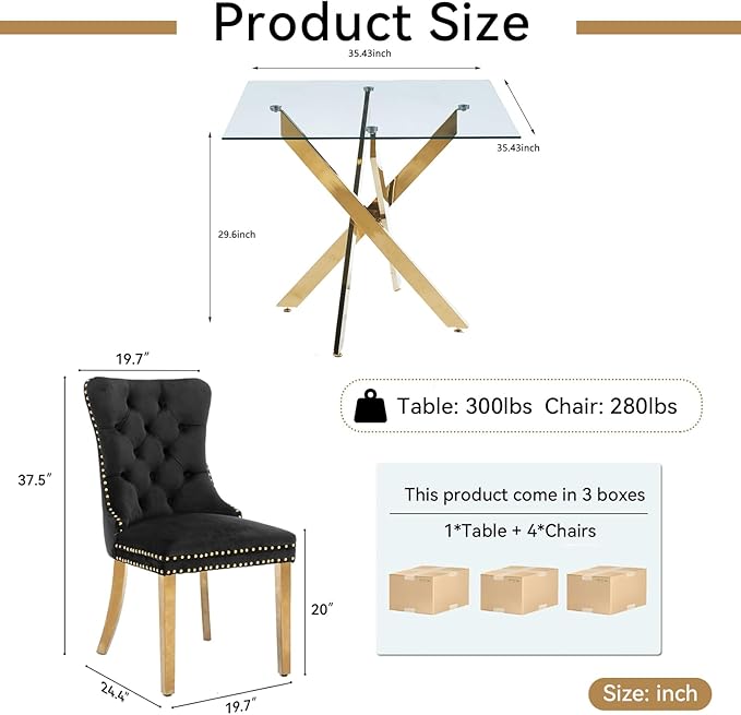 Goujxcy Glass Dining Table Set for 4, Modern Kitchen Table and Chairs Set of 4, 5-Piece Kitchen Dining Room Table Set w/36 Square Gold Glass Dining Table and 4 Black Velvet Upholstered Chairs