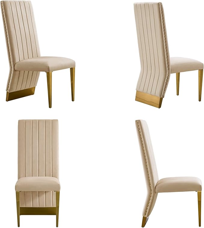 AUZ Dining Chairs with Nail Head Trim, Modern Velvet Upholstered Dining Room Chairs in Lovely Color with Polished Gold Stainless Steel Legs, Set of 4