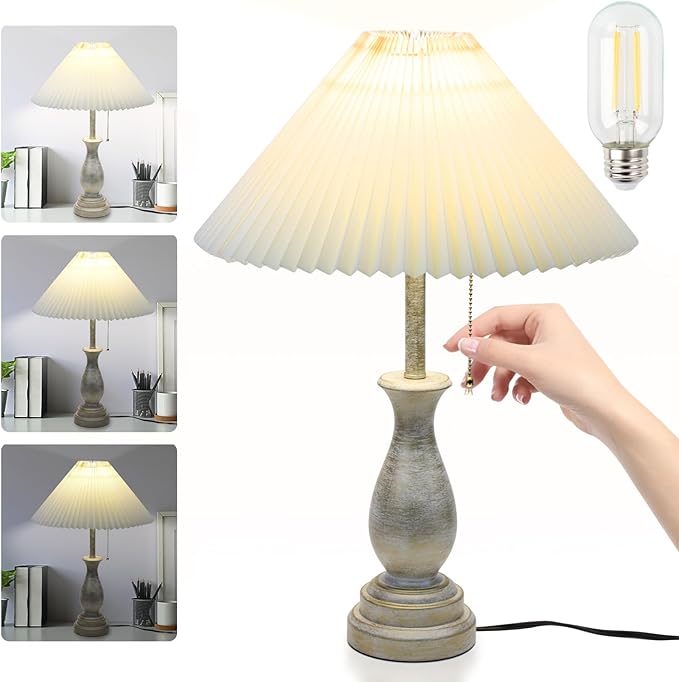 Farmhouse Table Lamp with Pull Chain Switch Control 3-Way Dimmable Table Lamp, Modern Nightstand Lamp Bedside Desk Lamp with Fabric Shade for Living Room Bedroom Hotel (Pack 1-Folding lampshade)