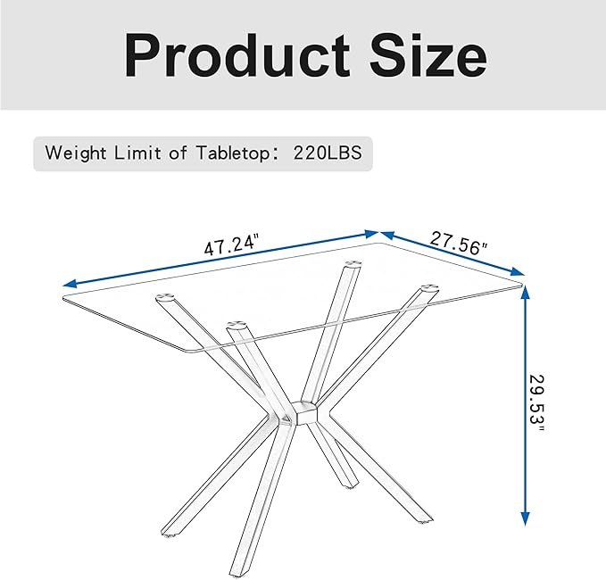 47.2" Glass Dining Table, Modern Kitchen Table for 4 People, Contemporary Rectangular Dining Room Dinner Tables with Clear Glass Top & Gold Metal X Legs for Kitchen Apartment