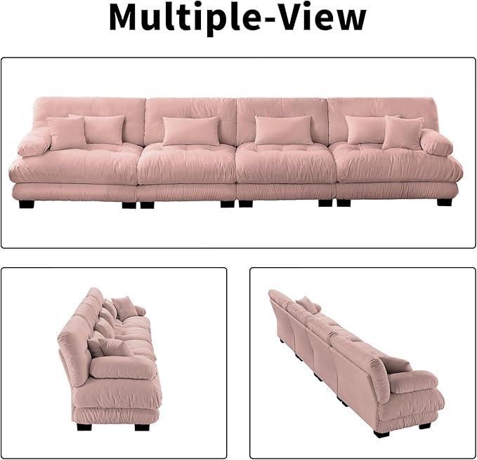 173.2" Oversized 4 Seater Modular Sectional Sofa, Pink Sectional Fluffy Couch Set, Chenille Cloud Couch with 6 Pillows, Deep Seat Sofas for Living Room
