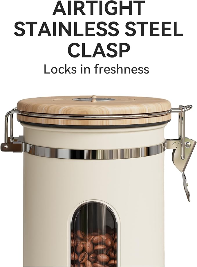 Veken Coffee Sugar Canister with Window, Christmas Coffee Lovers Gift Basket Set, Airtight Stainless Steel Kitchen Food Storage Container Gifts for Grounds, Beans,Tea,Flour, Cereal, Scoop, 22OZ,Cream